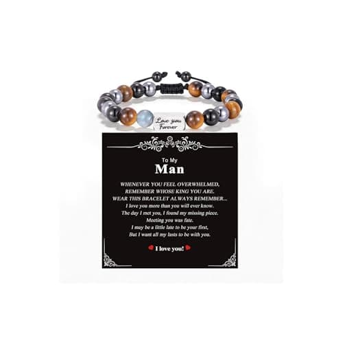 Crystal Bracelet Gifts for Men Him-8MM Triple Protection Hematite Black Obsidian Tiger Eye Natural Gemstone Beaded Adjustable ID Engraving Love You Forever Bracelets for Boyfriend Husband Healing Jewelry Gifts - Image 1