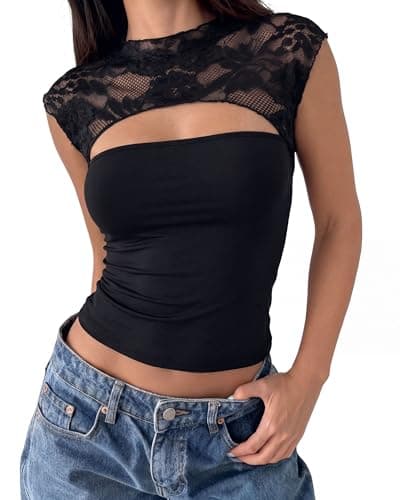 FIROVA Women's Lace Going Out Tops Sexy Cutout Double Lined Cropped Tank Tops 2026 Trendy Summer Y2K Night Out Club Party Baddie Outfits Black XL - Image 1