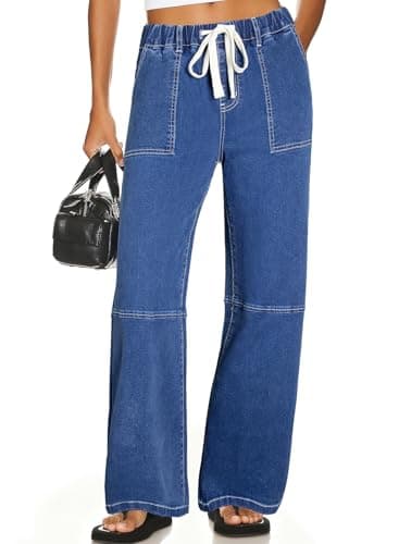 Sidefeel Jeans for Women High Waisted Elastic Straight Leg Stretchy Wide Leg Jeans Trendy Drawstring Baggy Oversized Denim Pants Light Blue Size 12 - Image 1