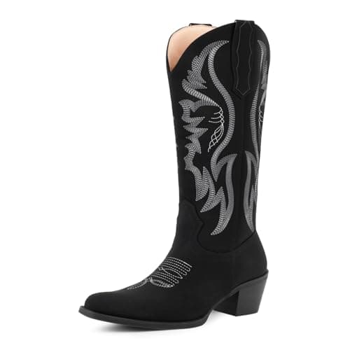 LingxiaUne Black Cowboy Boots for Women Mid Calf Suede Cowgirl Boots Pointed Toe Chunky Heel Western Boots for Dancing Party Concert Black Size 7.5 - Image 1