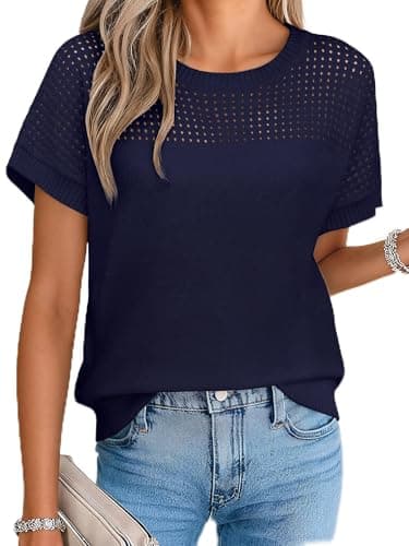 Womens Spring Crochet Knit Tops Lightweight Summer Short Sleeve Sweater Cap Sleeve T Shirts Blouses Navy Blue, XL - Image 1