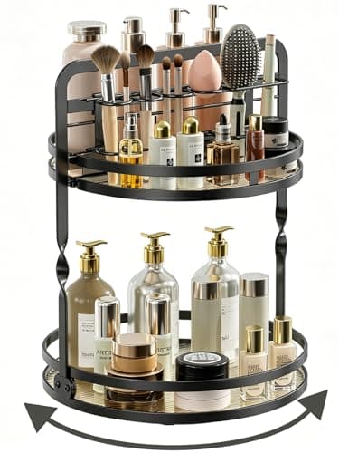 DUANFEE Rotating Makeup Vanity Organizer, 360 Spinning Perfume Organizer for Dresser, 2-Tier Black Bathroom Countertop Organizer, Lazy Susan Skincare Storage, Cosmetic Display with Makeup Brush Holder - Image 1