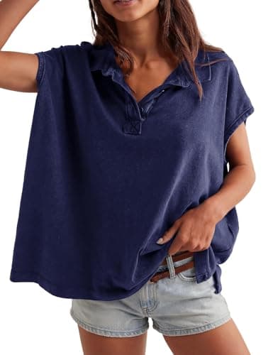 Haellun Oversized Polo Shirt for Women Casual Summer Tee Tops Cap Sleeve Collared Cotton Shirts(Navy,L) - Image 1
