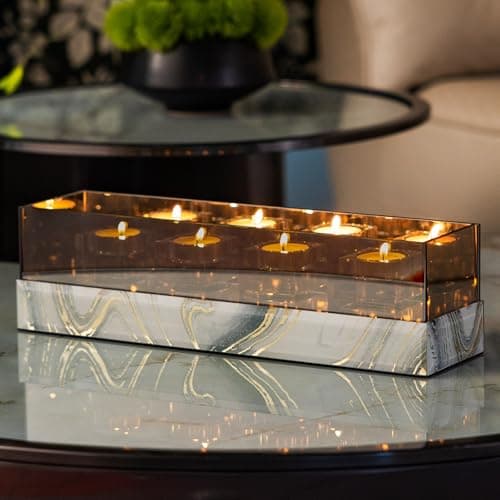 Timetrace Glass Candle Holder Rectangular 4 Candle Seat with Marble Pattern-Tealight and Votive Candles Holders Centerpiece Table Decorations for Home Décor, Dining Room, Kitchen, Patio (White) - Image 1