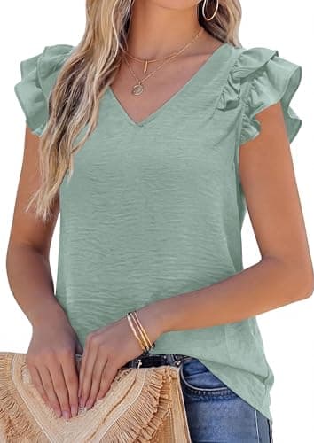 PRETTYGARDEN Blouses for Women Dressy Casual Summer Going Out Tops 2026 Spring Business Work V Neck Ruffle Cap Sleeve Shirts (Light Green,Medium) - Image 1