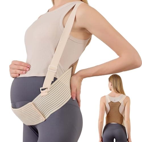 Maternity Belly Band with Back Support – Over-the-Shoulder Pregnancy Support Belt with Lumbar Support, Breathable Mesh Design, Strong Adjustable Hook & Loop Straps, No Digging Comfort for All-Day Wear (Beige-Pro, Medium(121-160LB)) - Image 1