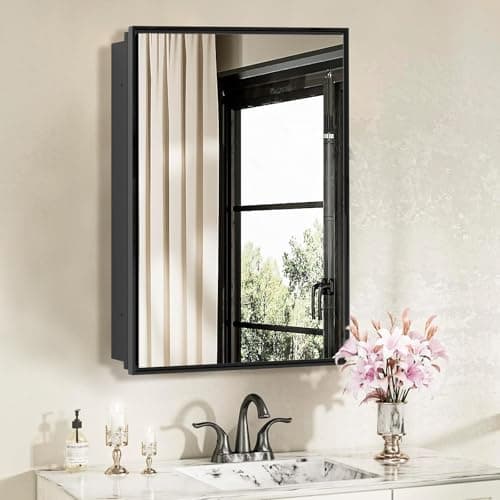 FOMAYKO 24x30 Inch Bathroom Medicine Cabinet with Mirror – Brushed Black Aluminum Frame, Surface Mount Single-Door Storage Cabinet, Black Bathroom Vanity Mirror Cabinet - Image 1