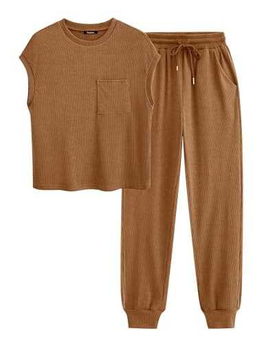 BTFBM Women's Two Piece Outfits Sweatsuit Sets Ribbed Knit Tops and High Waisted Pants Tracksuit Lounge Sets(Solid Dark Khaki,Small) - Image 1