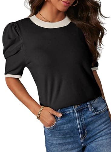 Dokotoo Summer Tops for Womens Crewneck Puff Short Sleeve Pullover Top Fashion 2026 Summer Trendy Cute Casual Oversized Tops for Women Summer Outfits Clothes Black White Large - Image 1