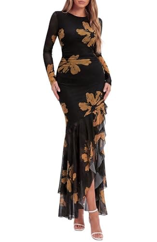 BTFBM Women's Maxi Dresses Fall 2026 Long Sleeve Bodycon Floral Ruffle Cocktail Wedding Guest Dress Concert Outfits(Floral Black Yellow,XX-Large) - Image 1