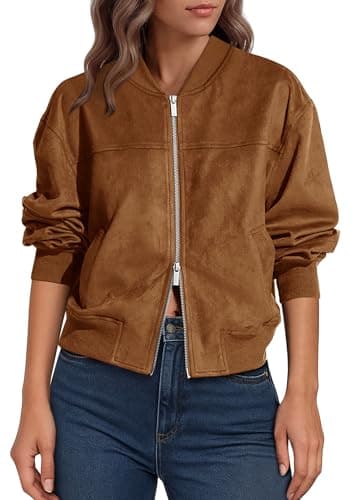 Lazysmile Women's Faux Suede Bomber Jackets Fall Fashion Outfits Winter Clothes Stand Collar Zip Up Coats Outwear with Pockets - Image 1