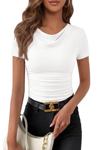 PRETTYGARDEN Womens Summer Tops 2026 Cute Cowl Neck Short Sleeve T-Shirts Ribbed Knit Fitted Spring Ruched Crop Top(White,X-Large) - Image 1