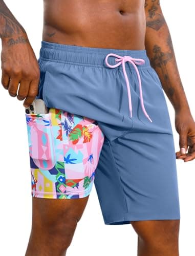 SILKWORLD Mens Swim Trunks with Compression Liner Swim Shorts Swimming Trunks Stretch 9 Inch Swim Suits Quick Dry, Light Blue, X-Large - Image 1