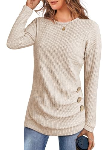 ANRABESS Womens Long Sleeve Tunic Top 2026 Fall Sweaters Lightweight Ribbed Knit Buttons Shirts Casual Work Outfits Light Khaki Small - Image 1