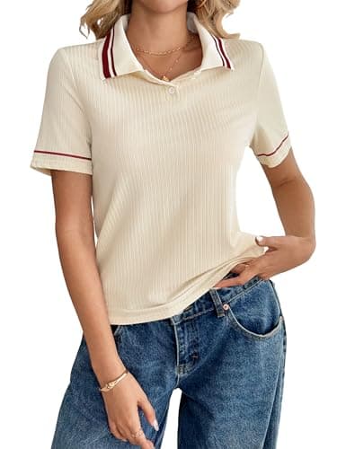Womens Polo Shirts Short Sleeve Work Cute Summer Tops Dressy Pullover Sweater Business Casual Outfits Beige - Image 1