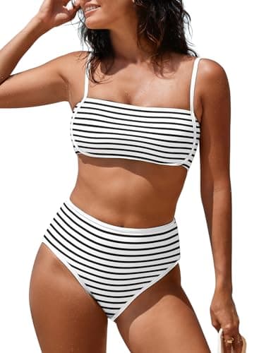 Pink Queen Women's High Waisted Bikini Sets Sporty Two Piece Swimsuits Color Block Cheeky High Cut Bathing Suits Black Stripe XL - Image 1