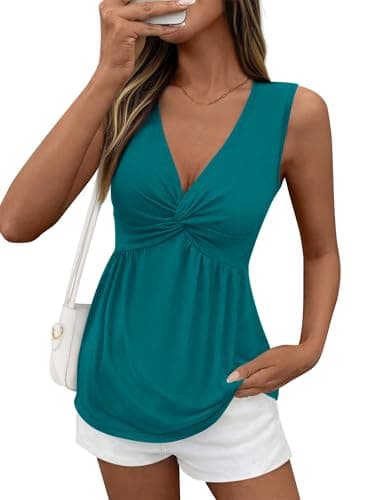 BTFBM Babydoll Tops for Women 2026 Trendy Spring Summer Outfits Twist Front V Neck Peplum Flowy Tank Tops Dressy Casual(Lake Blue, Small) - Image 1