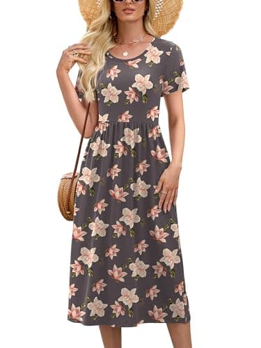 Heymoments Ladies Dresses Floral Print Large Wedding Guest Crewneck Short Sleeves A line Casual Flowy Swing Cocktail Slimming Birthday Party Summer Travel Long Midi Dresses with Pocket - Image 1