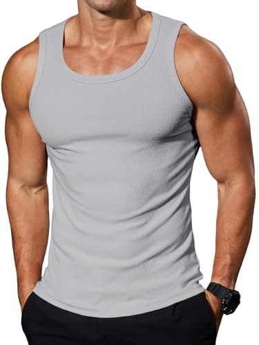 Comdecevis Men Tank Tops Ribbed Sleeveless Muscle Shirt Gym Workout Casual Fitness Tee Light Gray S - Image 1