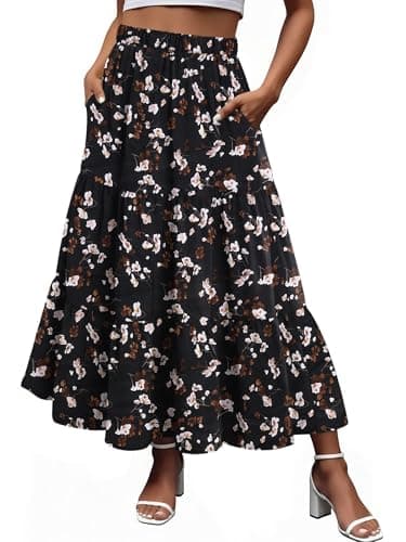 Magritta High Waist Long Skirt for Womens A-Line Tiered Long Flowy Boho Maxi Skirt Black White Flower XX-Large - Image 1