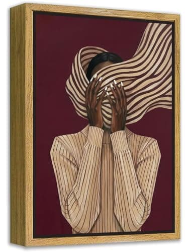 Framed Abstract Black Woman Wall Art, African American Female Striped Wall Decor Picture, Modern Minimalist Canvas Print for Apartment Living Room Bedroom Room Home Decoration 12x16in