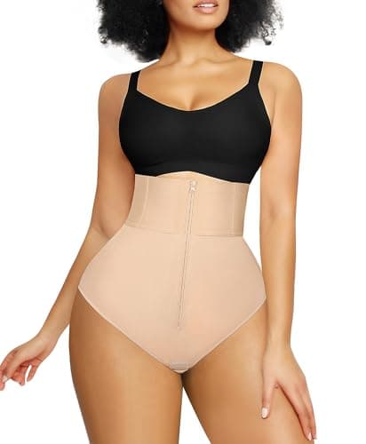 SHAPELLX Women's Shapewear Thong Tummy Control High Waist Panties Higher Power Body Shaper with Zipper(Beige, 6X-Large) - Image 1