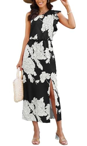 CCTOO Women Summer Floral Dresses Ruffle One Shoulder Sleeveless Flowy Beach Vacation Wedding Guest Maxi Dress Black XL - Image 1