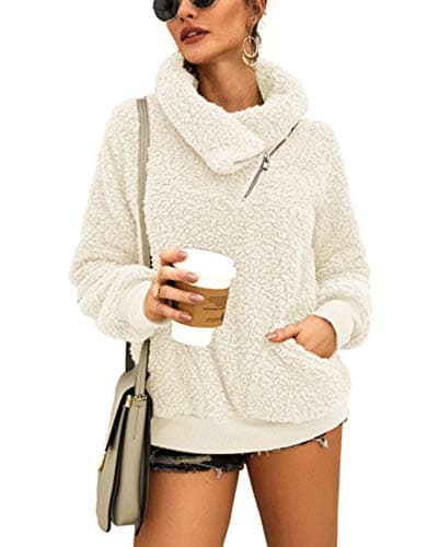 KIRUNDO Winter Clothing for Women Sherpa Pullover Fleece Zip Sweatshirt 2026 Fall Fashion Fuzzy Faux Shearling Warm Outwear(X-Large, Beige) - Image 1