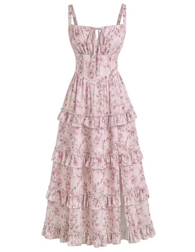 Women's Floral Corset Dress 2026 Summer Spring Wedding Guest Dresses Flowy Sundress with Pockets Soft Pink Floral S - Image 1