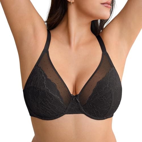 leviace Minimizer Bras for Women Supportive - Lifting Full Coverage Sexy Lace Unlined Underwire Plunge Comfortable Bra for Large Busted, Plus Size Bralette for Heavy Breasts, Black, 36C - Image 1