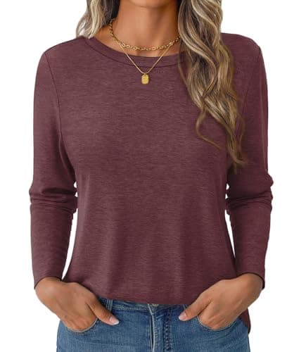 GKBK Women's Long Sleeve Shirts Casual Crewneck Tops Fall Fashion Soft Basic Tee for Work Business Wine Red - Image 1