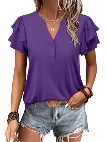 ANRABESS Womens Tops Dressy Casual Ruffle Short Sleeve V Neck Blouses Summer Button Down Business Work Elegant Shirts Deep Purple X-Large - Image 1