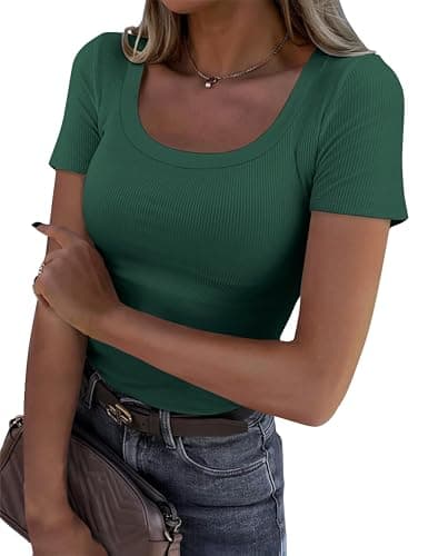 GKBK Womens Short Sleeve Tops Scoop Neck Ribbed Slim Fitted Tight Layering Top Basic Tee Shirts Cute Summer Tops Casual Spring Outfits 2026 Trendy Light Dark Green