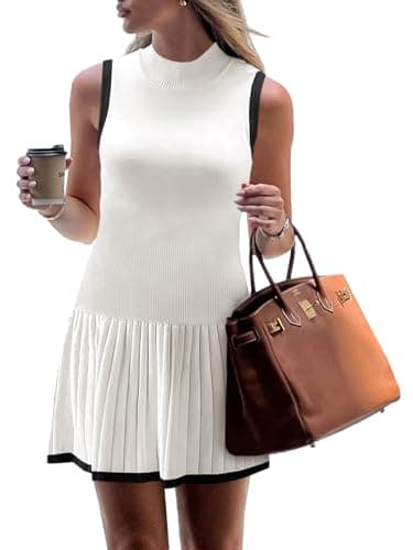 Wenrine Women Sleeveless Pleated Mini Dress Casual Knit Drop Waist Summer Tank Dresses White - Image 1