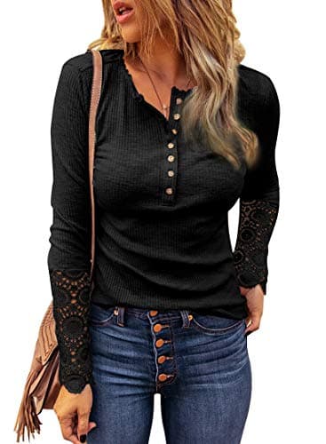 BTFBM Women Long Sleeve Shirts Spring Solid Button Up V Neck Lace Long Sleeves Slim Fit Knit Casual Fall T-Shirts 2026(Black,X-Large) - Image 1