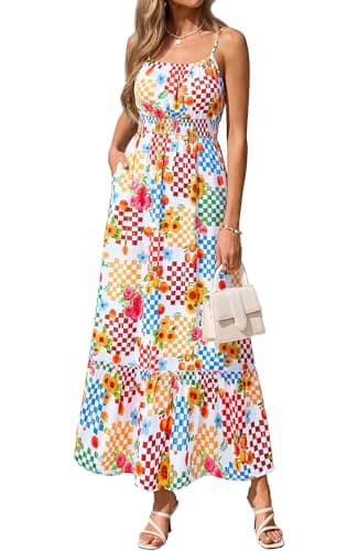 BTFBM Summer Dresses for Women 2026 Sundresses Sleeveless Spaghetti Strap Boho Beach Vacation Outfits Spring Maxi Dress(Floral Plaid Multicolored, Medium) - Image 1