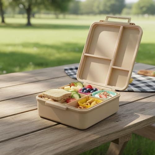 Clevakid Bento Mega Lunch Box, carrying handle – 4 No-Mix Compartments | Microwave & Dishwasher Safe | for Adult, Preschool, School 1600ML, OZ (Brown Latte) - Image 1