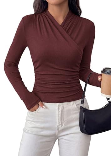 PRETTYGARDEN Womens Long Sleeve Shirts 2026 Fall V Neck Cross Wrap Going Out Top Ribbed Ruched Fitted Business Casual Clothes (Wine Red,Medium) - Image 1