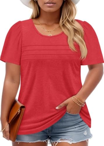 Imily Bela Womens Plus Size Tops 2025 Dressy Casual Short Sleeve Tunic Summer Crew Neck Flowy Pleated Tees Red - Image 1