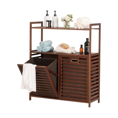 Baveke Bamboo Tilt Out Laundry Hamper with 2 Tier Shelves, Hidden Laundry Hampers with 2 Removable Bags, Pull Out Laundry Hamper Cabinet, Bathroom Storage Shelf for Laundry Room, Bedroom, Brown - Image 1
