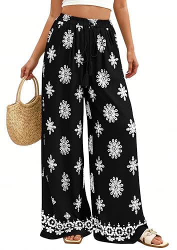PRETTYGARDEN Women's Wide Leg Palazzo Pants 2026 Summer Boho Floral Trousers Spring Flowy Beach Vacation Clothes Resort Wear (Black,Medium) - Image 1