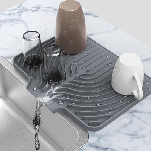 Silicone Drying Mat for Kitchen Counter , Dish Drying Rack Matt with Built in Drain, Small Dry Mats for Dishes Drying Pad for Kitchen Counter (14.6×11inch, gray)