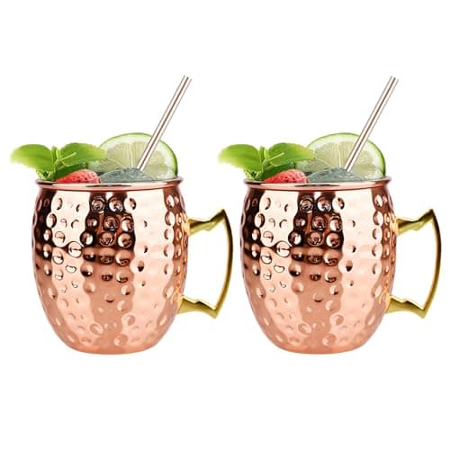 TJ Moscow Mule Mugs Set of 2, Rose Hammered Mule Cup 17 oz, Stainless Steel Lining Brass Handles Mug Set, Copper Mugs, Mule Mugs, Moscow Mule Kit Gift for Cold Drinks Cocktail Beer Wine Party Bar - Image 1