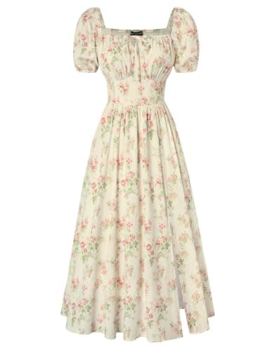 Scarlet Darkness Women's Floral Corset Dress with Split 2026 Summer Spring Square Neck Midi Milkmaid Dresses Beige Orange Red Floral XL - Image 1