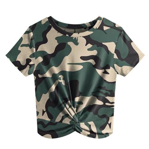 JINKESI Women's Summer Short Sleeve Blouse Casual Round Neck Crop Tops Twist Front Tee T-Shirt Camo Green-L - Image 1