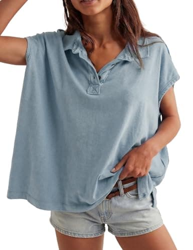 Haellun Oversized Polo Shirt for Women Casual Summer Tee Tops Cap Sleeve Collared Cotton Shirts(Light Blue,XL) - Image 1