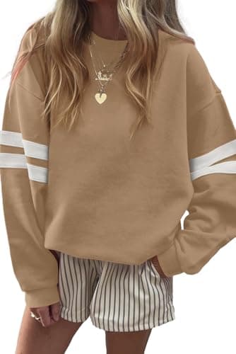 KevaMolly Women Varsity Striped Drop Shoulder Sweatshirt French Beige XL - Image 1