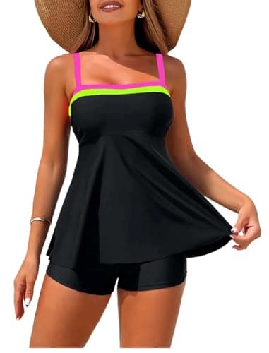 ZAFUL Womens Tankini Swimsuits Two Piece Color Block Bathing Suits with Swim Shorts Ruffle Swimwear Black Colorblock XL - Image 1