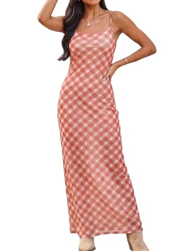 ZAFUL Womens Summer Maxi Dress Spaghetti Strap Mesh Stretch A Line Dresses 2026 Plaid Cute Casual Beach Vacaion Slip Long Sundress Spring Clothing Pink Medium - Image 1