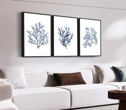 Large Framed Coral Wall Art, Navy Blue Coastal Ocean Life Canvas Prints Modern Marine Plants Artwork, Beach Pictures for Living Room Bedroom Bathroom Hallway Wall Decor 16"x24"x3Pcs